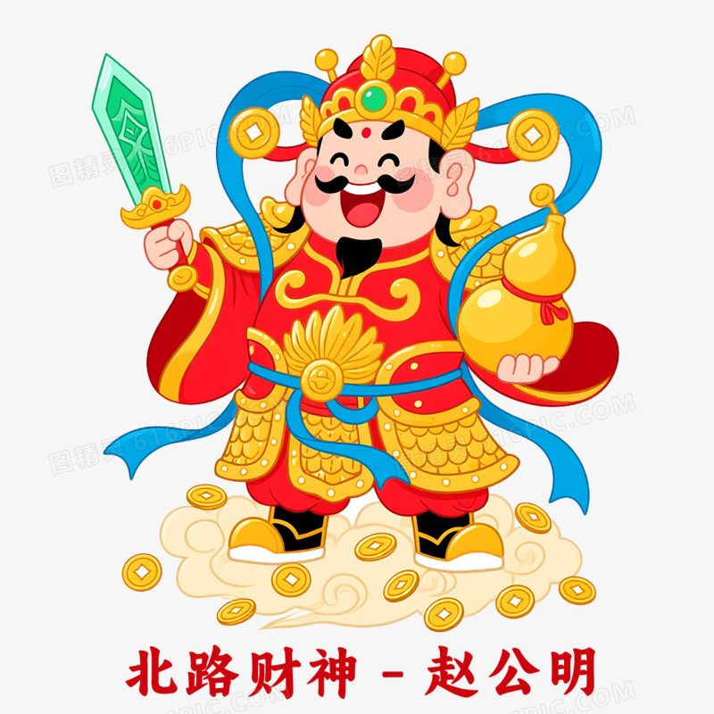 卡通手绘五路财神免抠元素