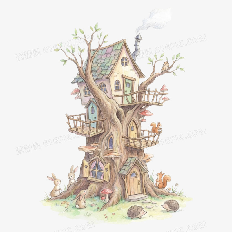 卡通手绘童话故事树屋免抠元素
