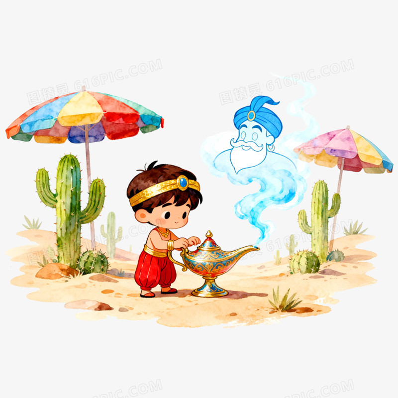 卡通手绘童话故事阿拉丁神灯免抠元素