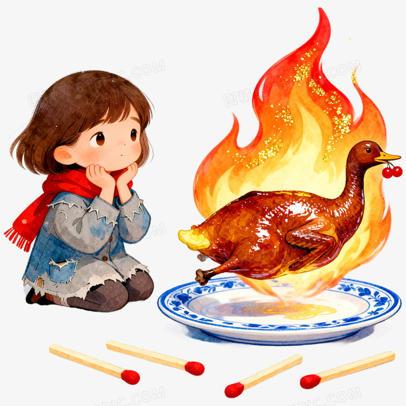 卡通手绘童话故事卖火柴的小姑娘免抠元素