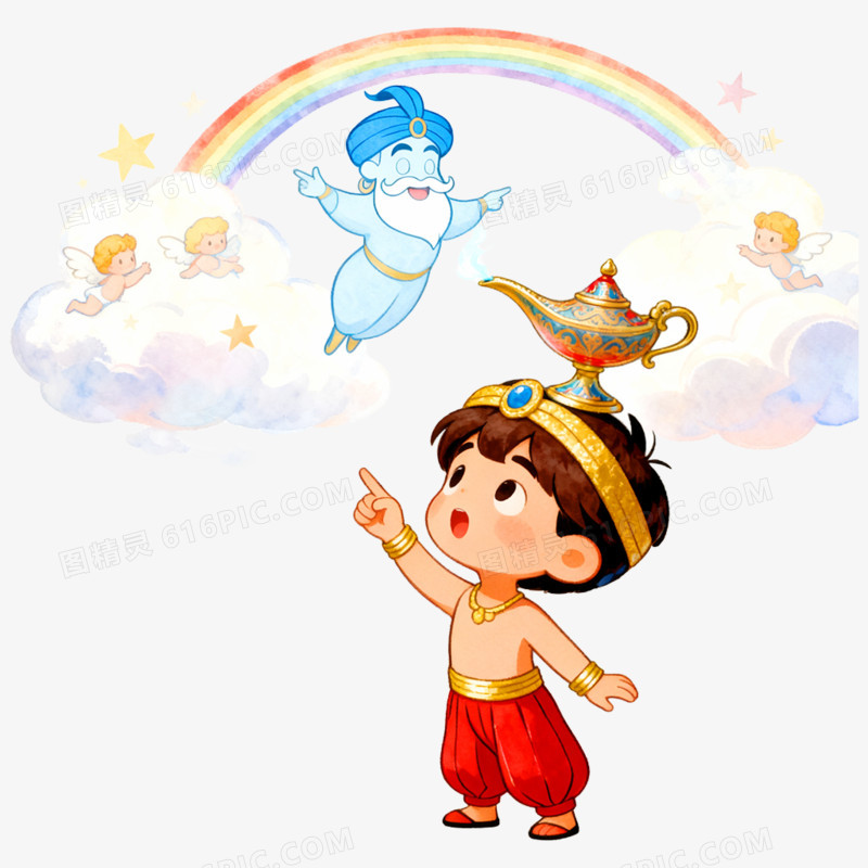 卡通手绘童话故事阿拉丁神灯免抠元素