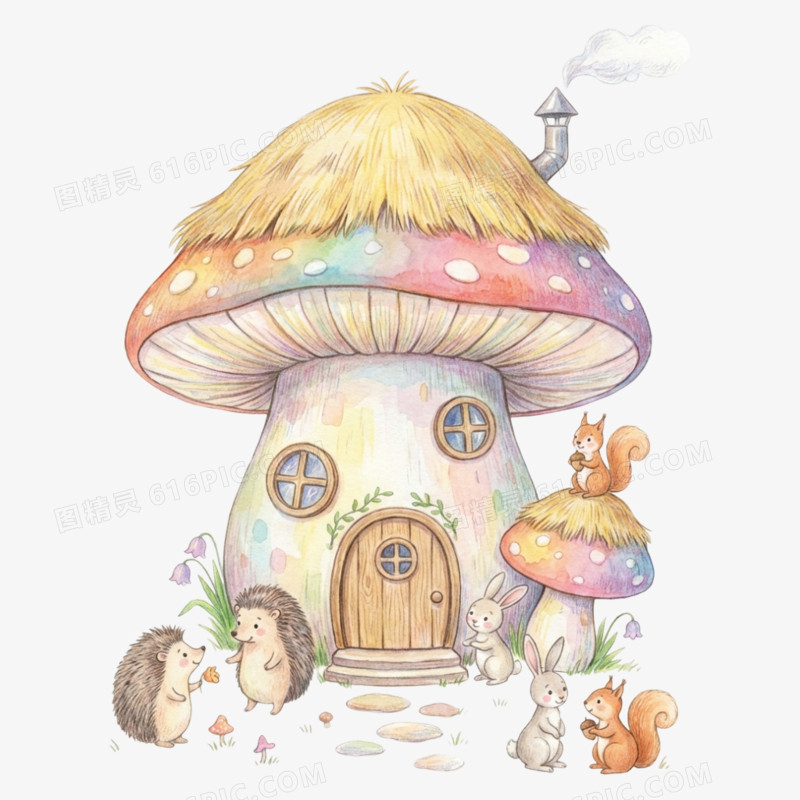 卡通手绘童话故事蘑菇屋免抠元素