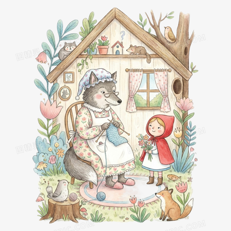 卡通手绘童话故事小红帽大灰狼狼外婆免抠元素