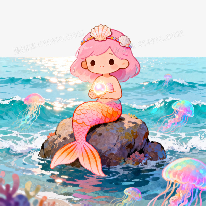 卡通手绘童话故事海的女儿免抠元素