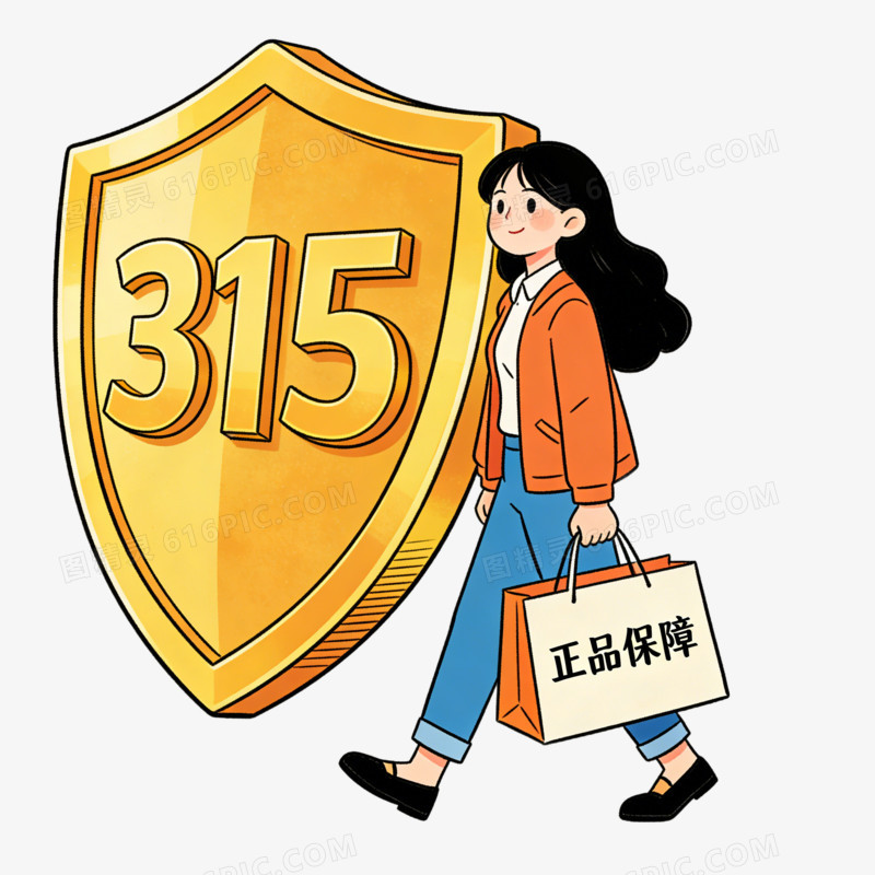 卡通拎着正品保障购物袋的女人和金色315盾牌免抠元素