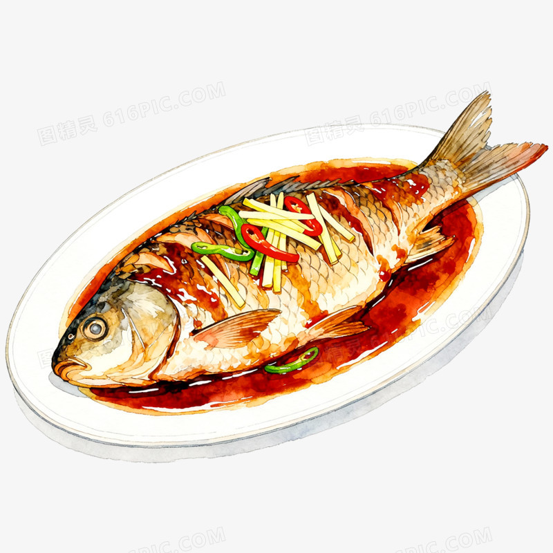 手绘插画西湖醋鱼免抠元素