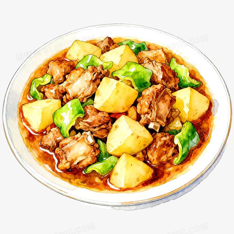 手绘插画新疆大盘鸡免抠元素