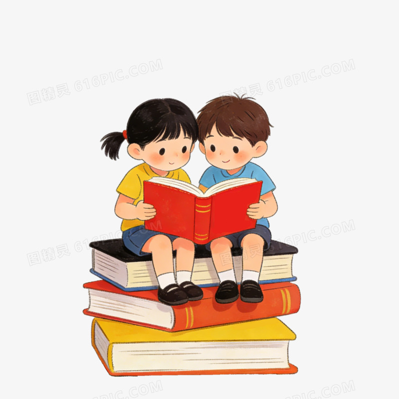 卡通两个小学生坐在书籍堆上学习党史免抠元素