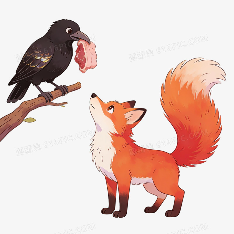 卡通手绘乌鸦与狐狸免抠元素