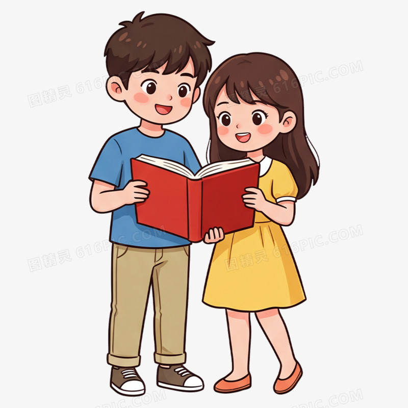 卡通手绘两个人学习党史免抠元素