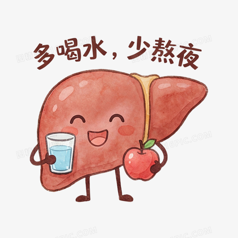 卡通手绘多喝水少熬夜护肝免抠元素