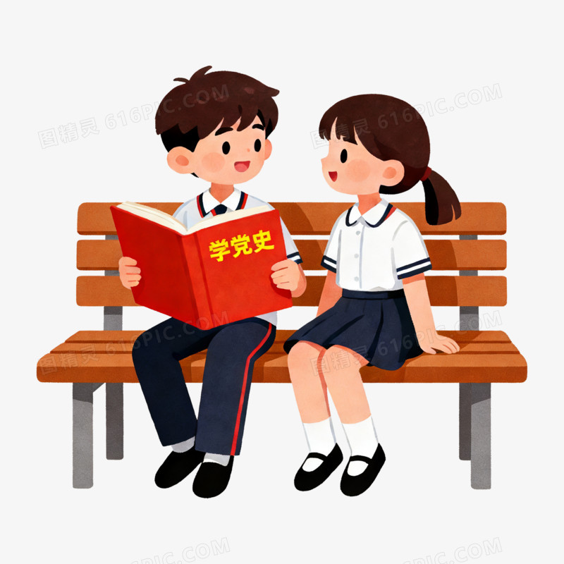 扁平风两名学生学习党史免抠元素