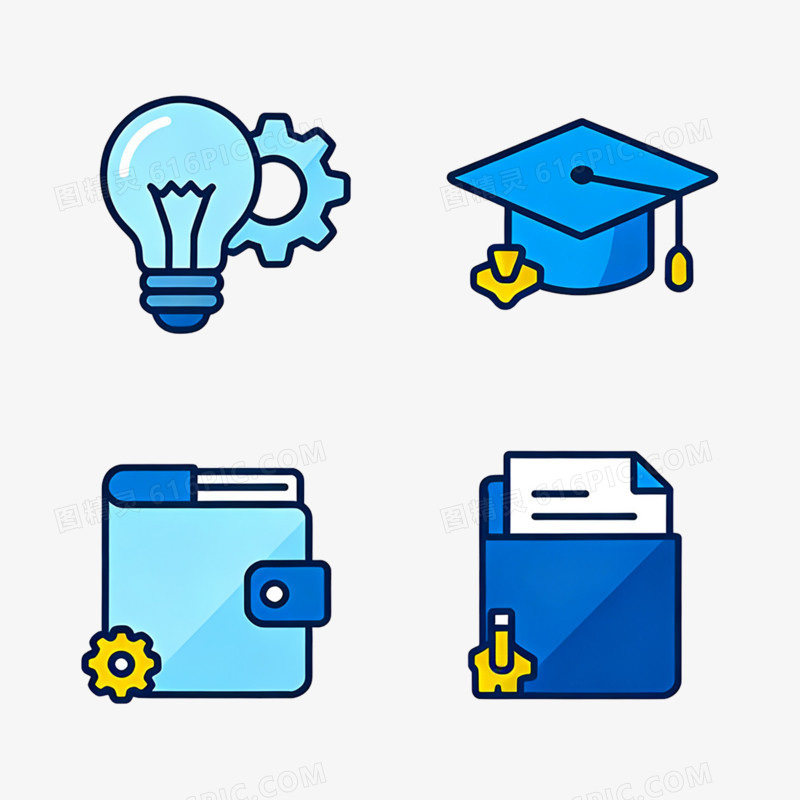 扁平风蓝色卡通学习图标免抠元素