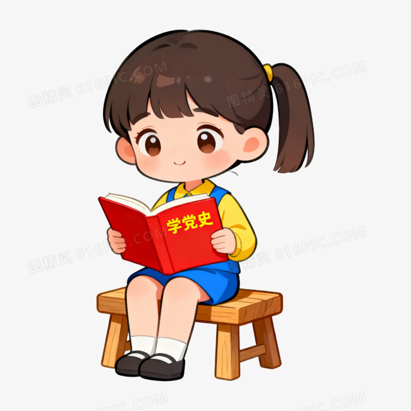 扁平风卡通女孩学习党史免抠元素