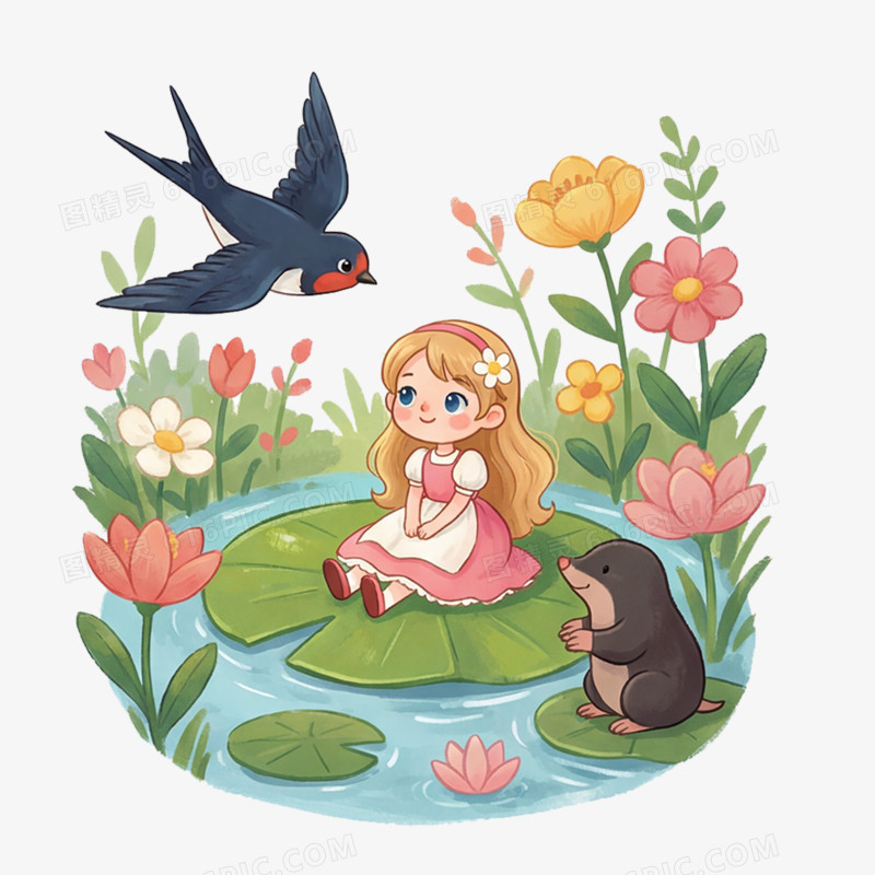 卡通手绘童话故事拇指姑娘免抠元素