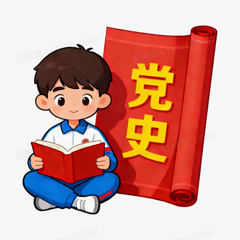 扁平风卡通男孩学习党史免抠元素