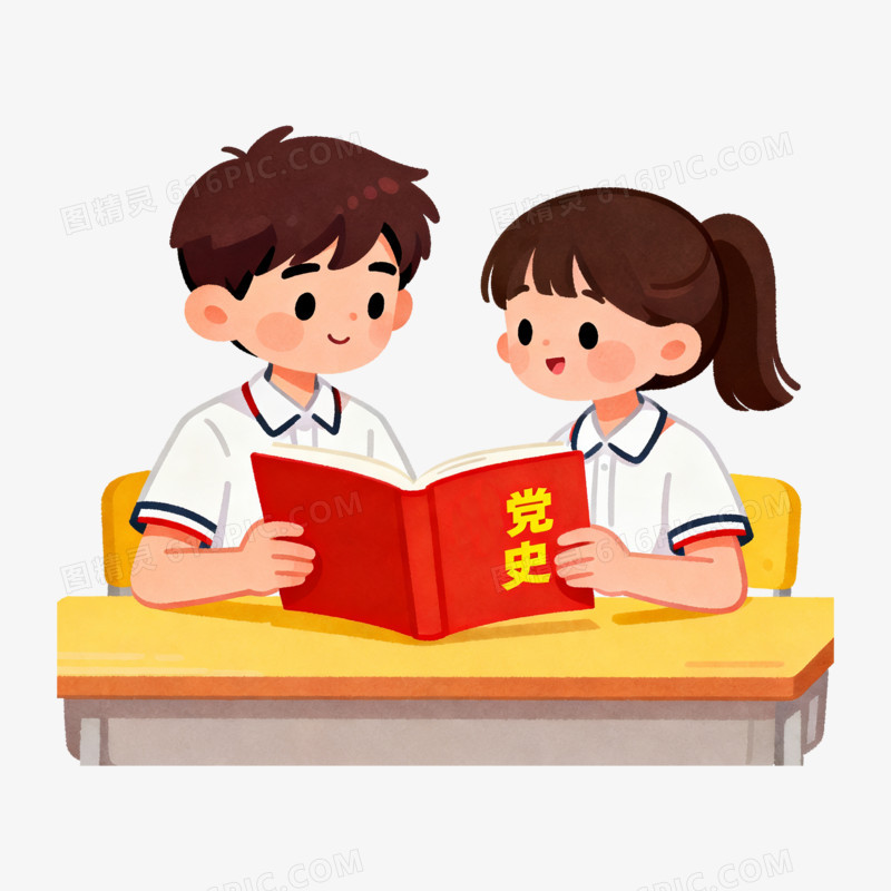 扁平风卡通学生学习党史免抠元素