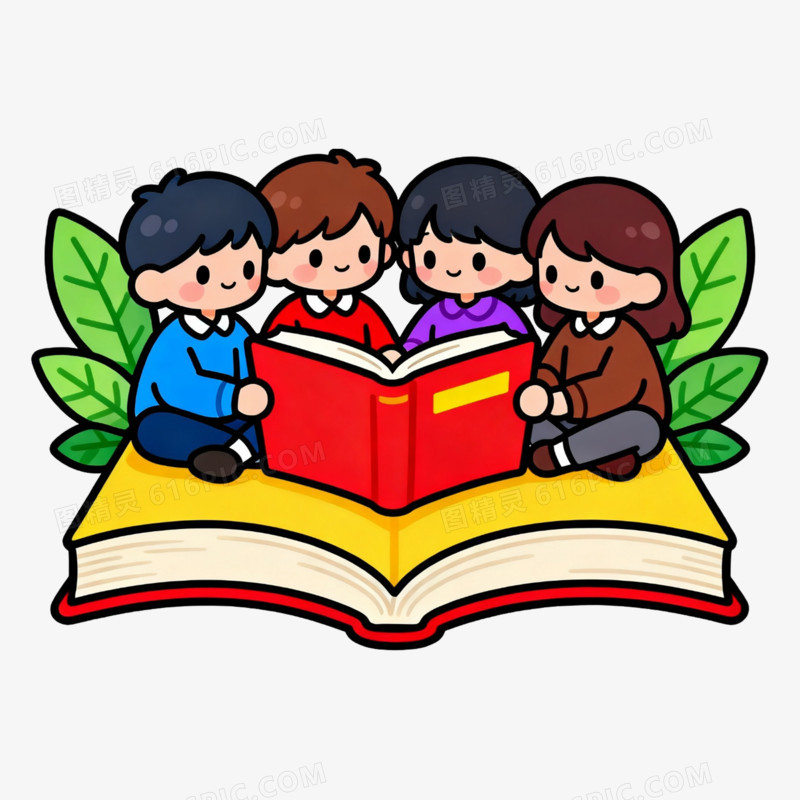 扁平风四个小孩学习党史免抠元素