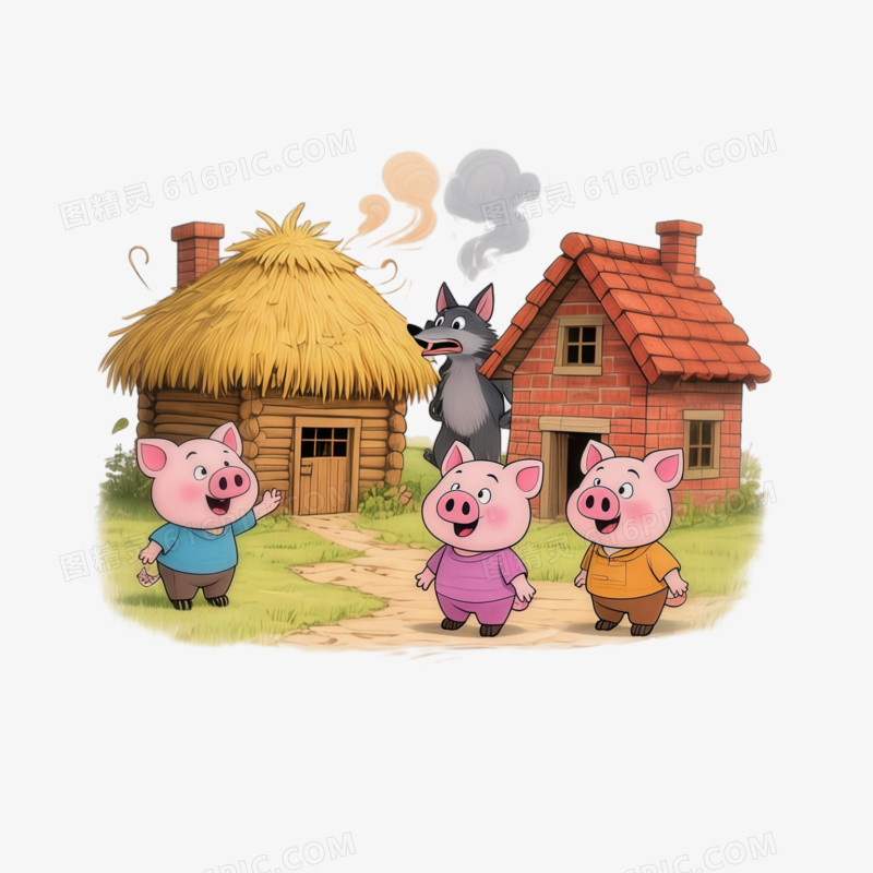 童话故事三只小猪盖房子免抠元素