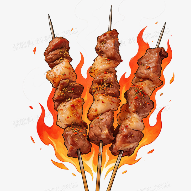 炭火烤新疆羊肉串美食照片插画ai免抠元素