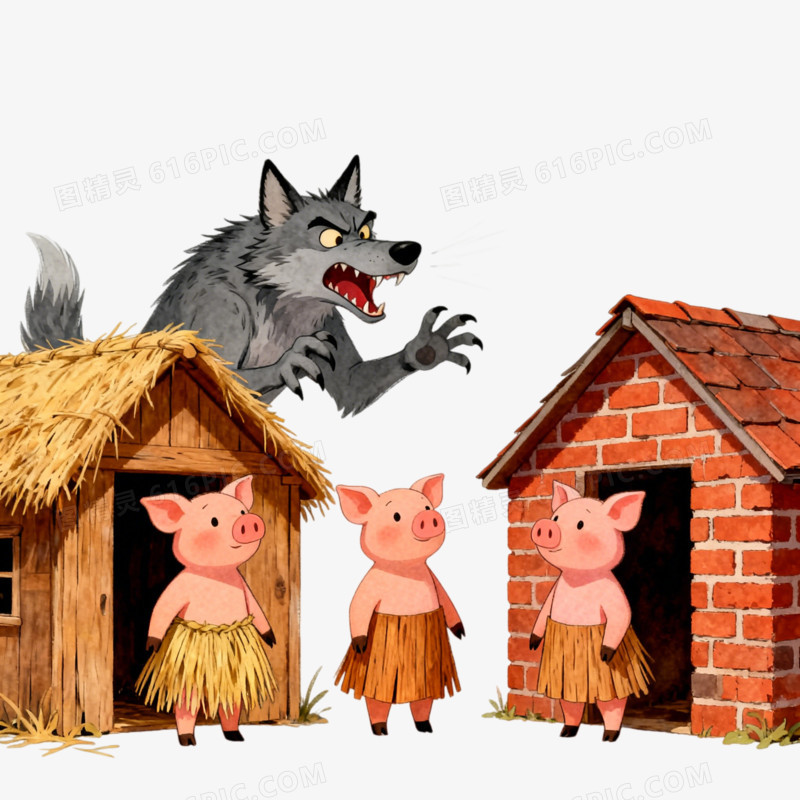 童话故事三只小猪盖房子免抠元素