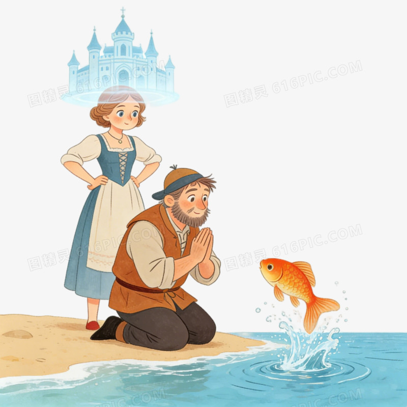 童话故事渔夫和他的妻子祈祷ai免抠元素