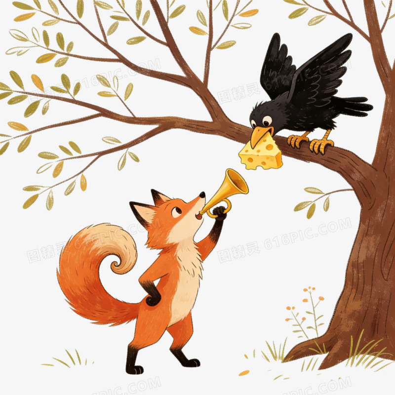乌鸦与狐狸插画的童话故事ai免抠元素