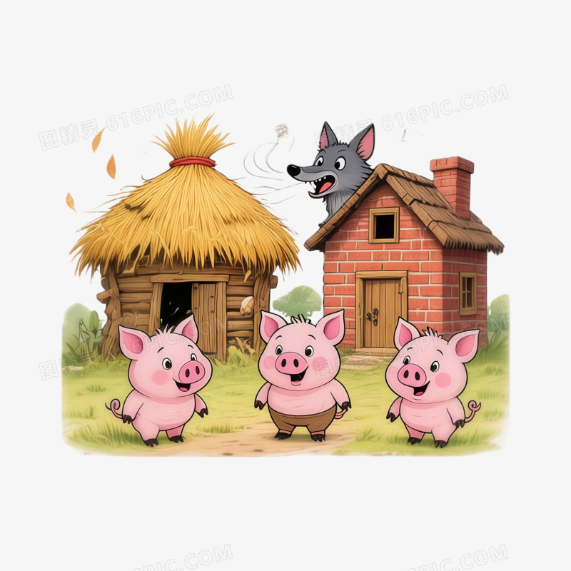 童话故事三只小猪盖房子免抠元素