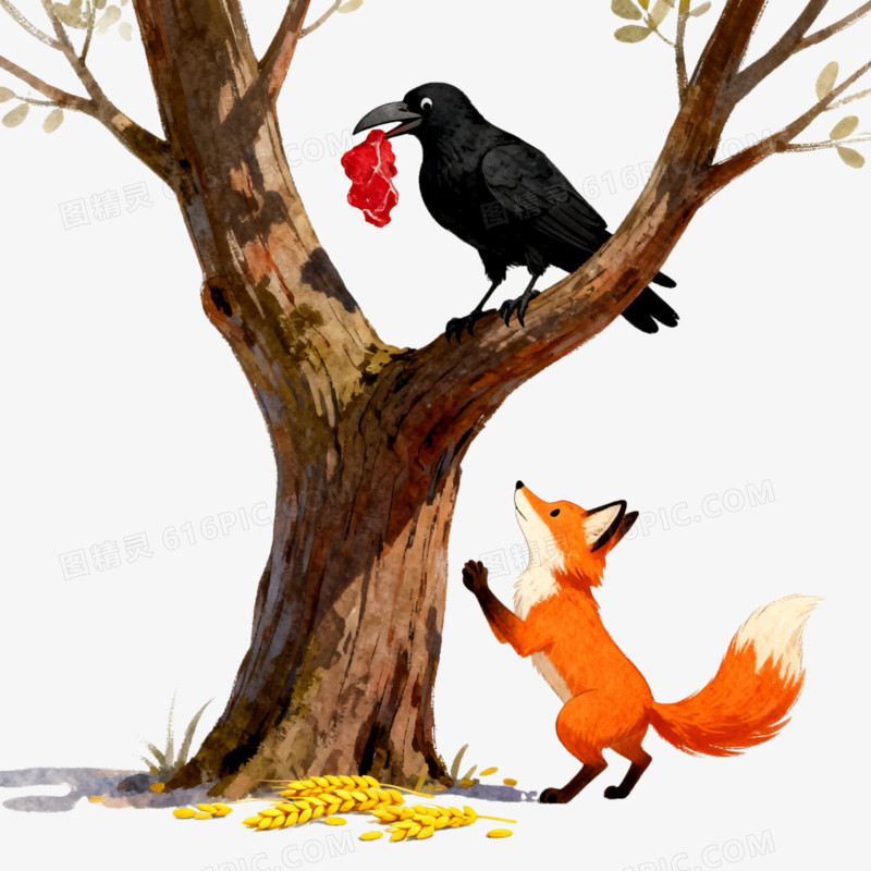 童话故事树上狐狸与乌鸦ai免抠元素