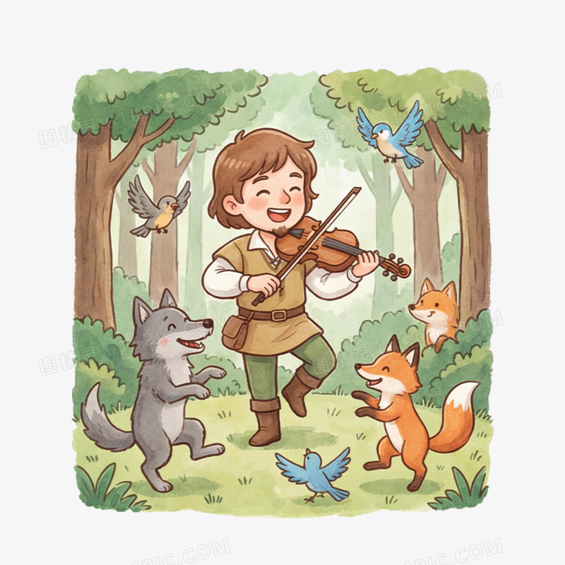 卡通手绘童话故事令人叫绝的乐师免抠元素