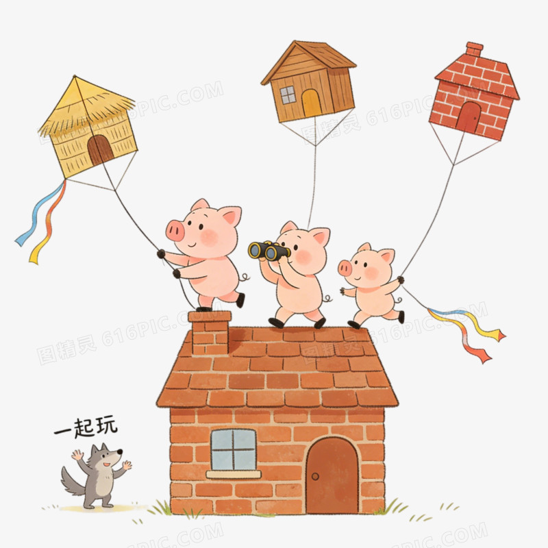童话故事三只小猪盖房子免抠元素