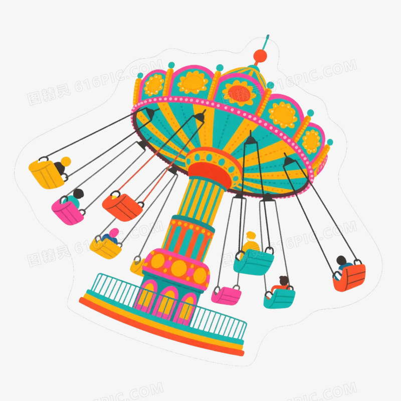 卡通插画风游乐场空中飞椅设施免抠元素