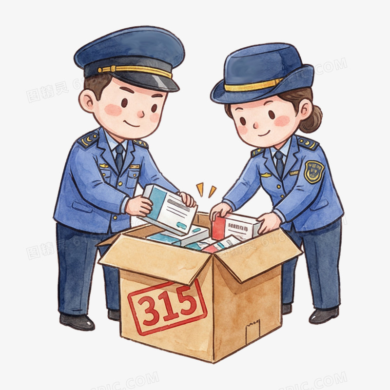 卡通手绘315工作人员查处假货免抠元素