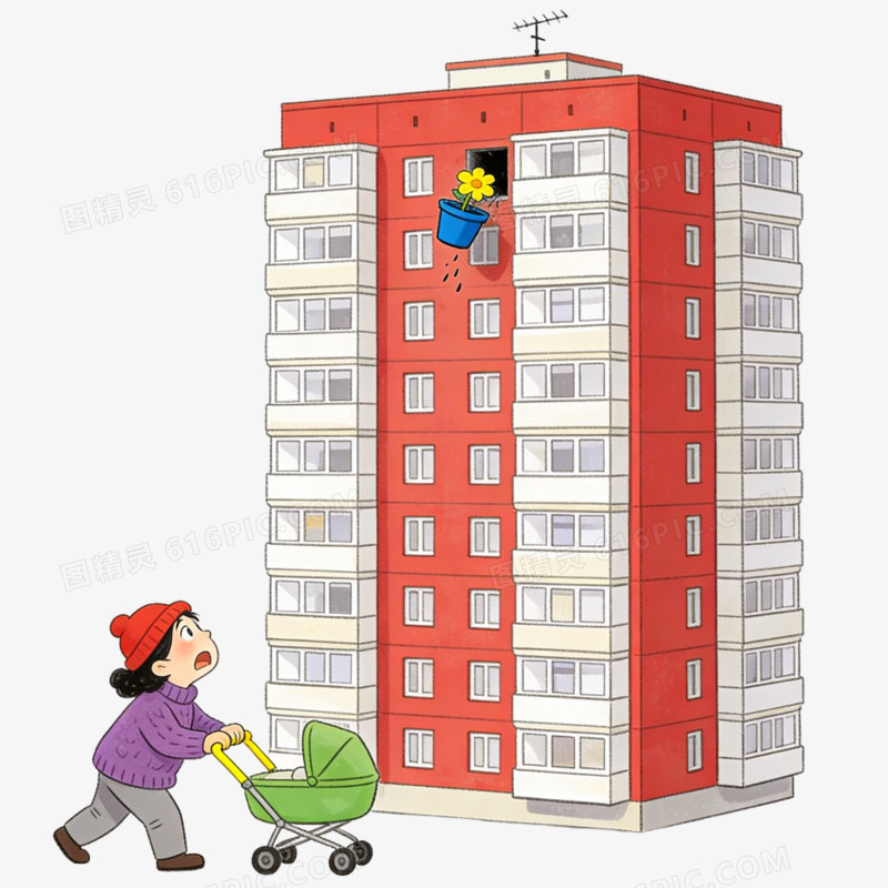 卡通推婴儿车的妈妈惊吓的看着从高楼掉落的花盆免抠元素