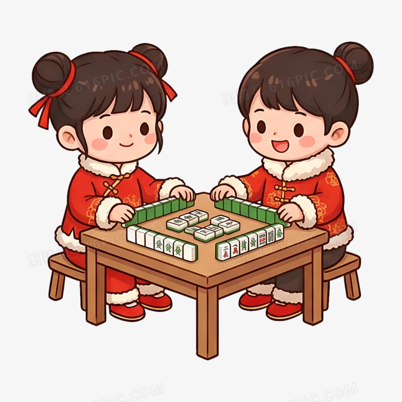 卡通手绘春节两个人打牌免抠元素