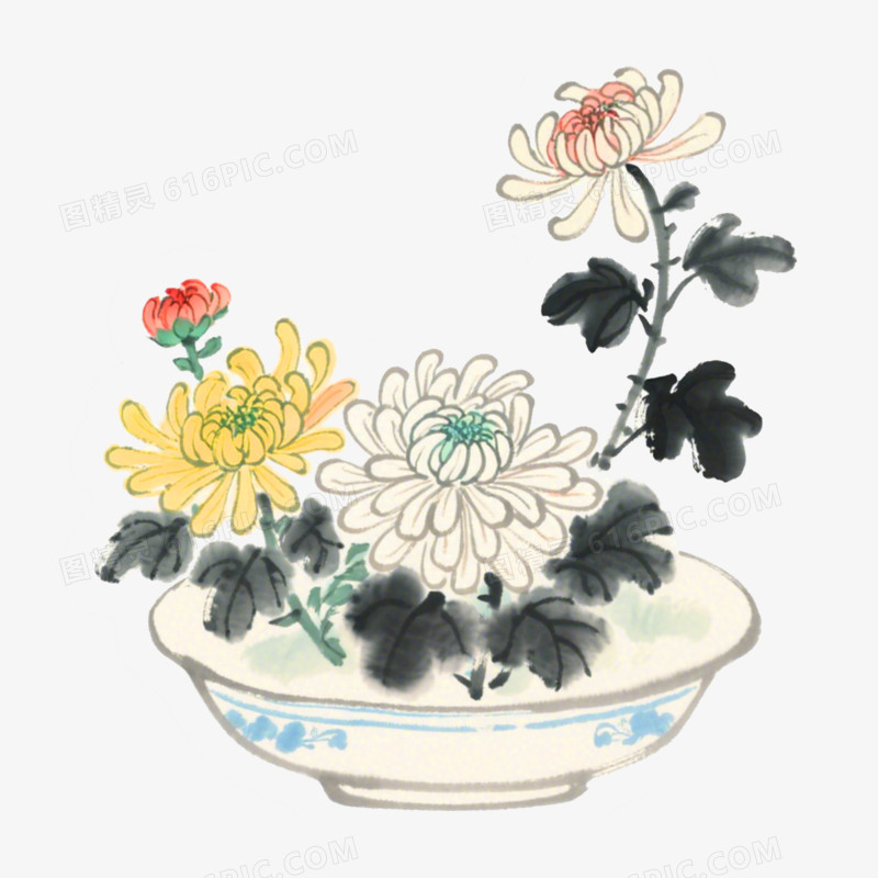 菊花盆栽古诗词配图素材免抠元素