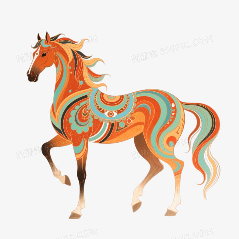 敦煌风格插画一匹马免抠元素