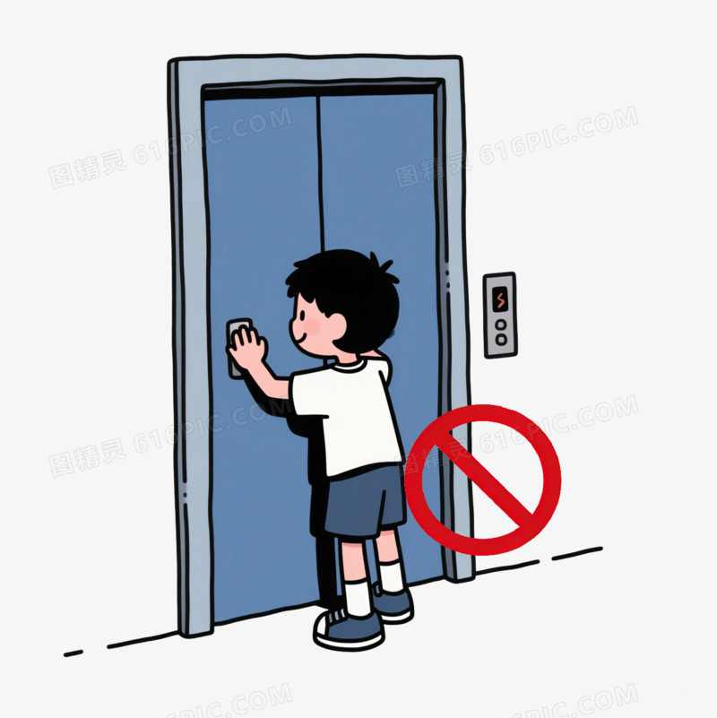 卡通一个男孩在扒电梯门旁边禁止符号免抠元素
