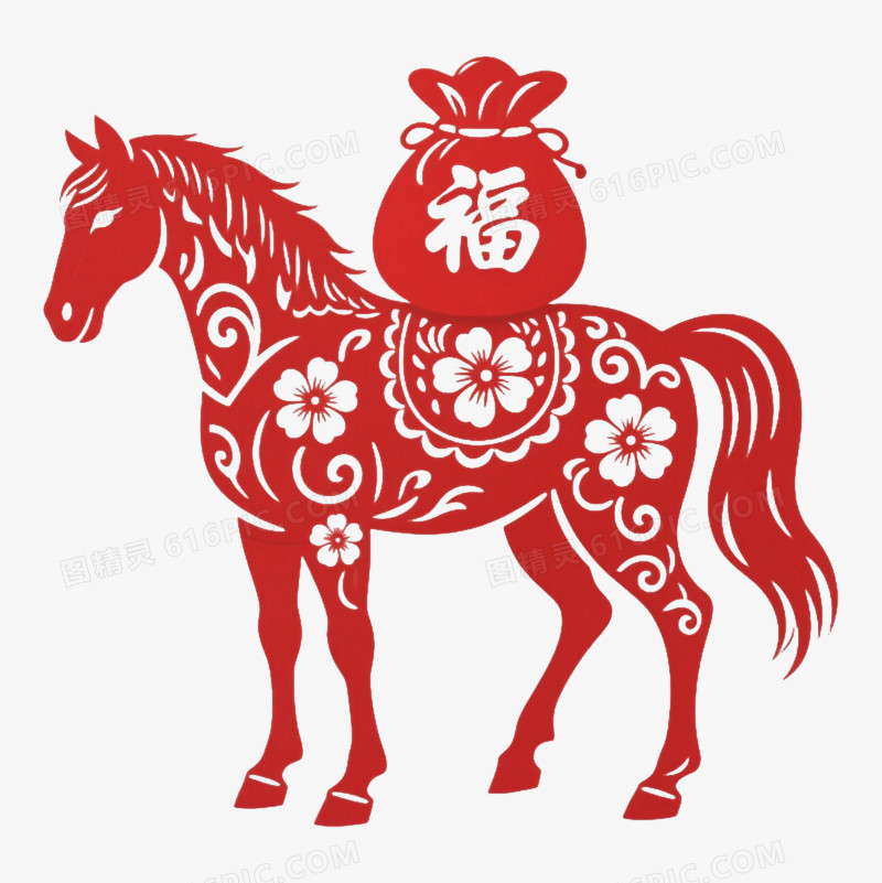 红色剪纸风福马踏春迎吉祥