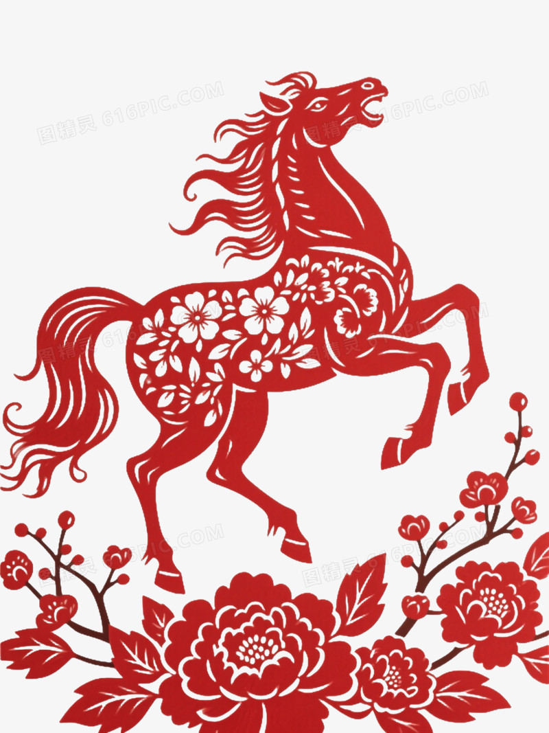 红色剪纸骏马踏花迎春