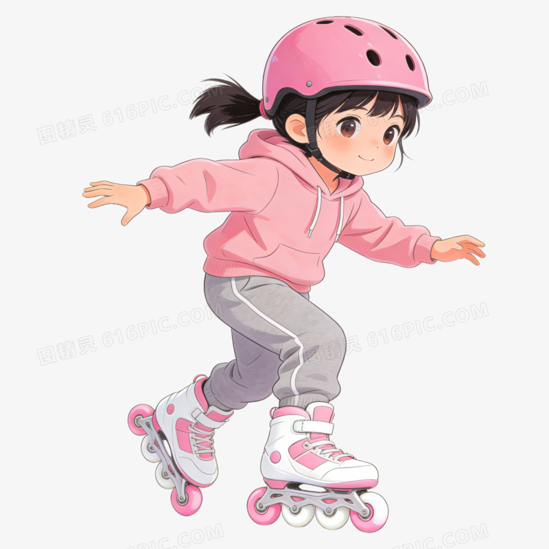 卡通戴着粉色头盔穿着粉色衣服的小女孩单排轮滑免抠元素