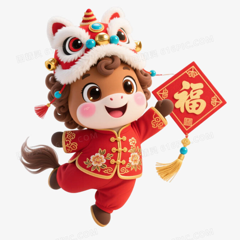 萌趣舞狮小马举福字贺新春