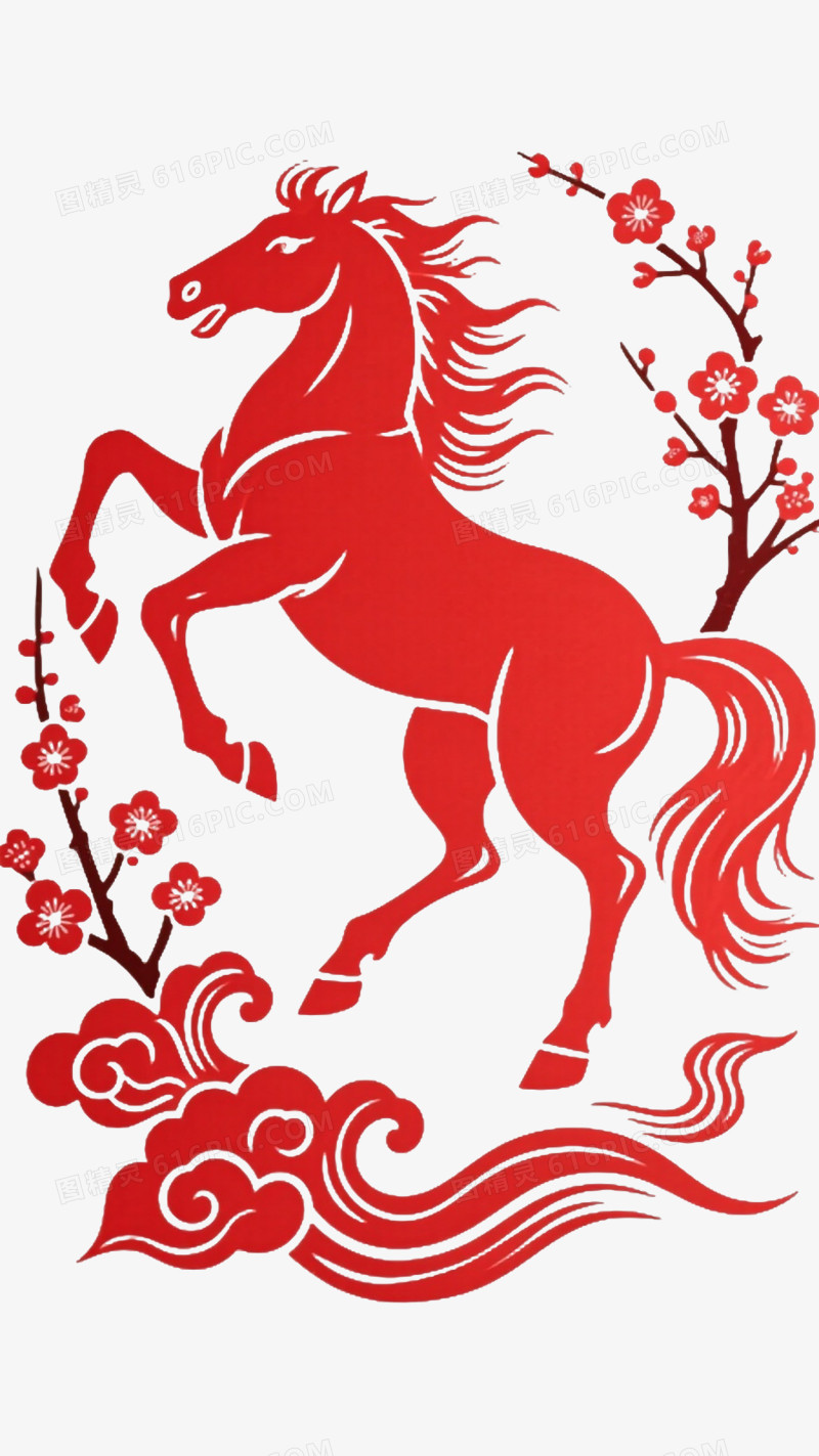 红剪纸骏马腾云迎春图