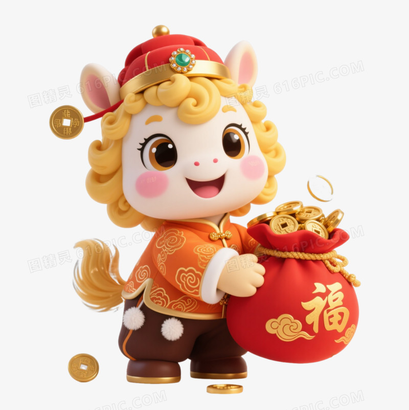 喜庆国风小马怀抱福袋撒金币