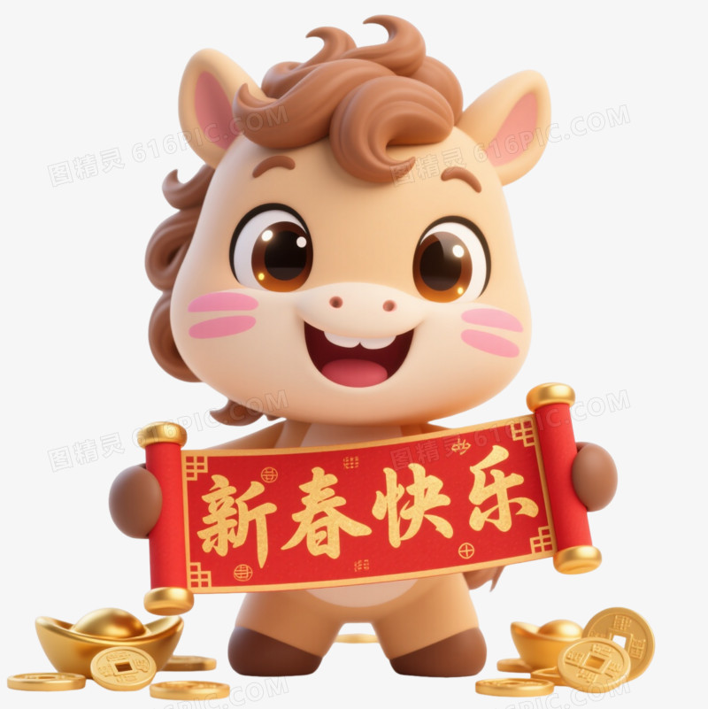 萌趣小马捧卷轴贺新春