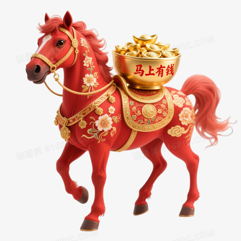 红马驮金元宝寓意马上有钱