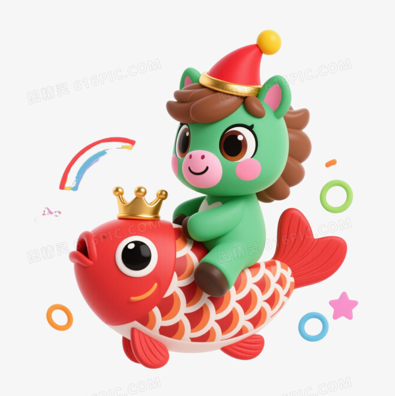 萌趣小马骑红鲤鱼迎新年