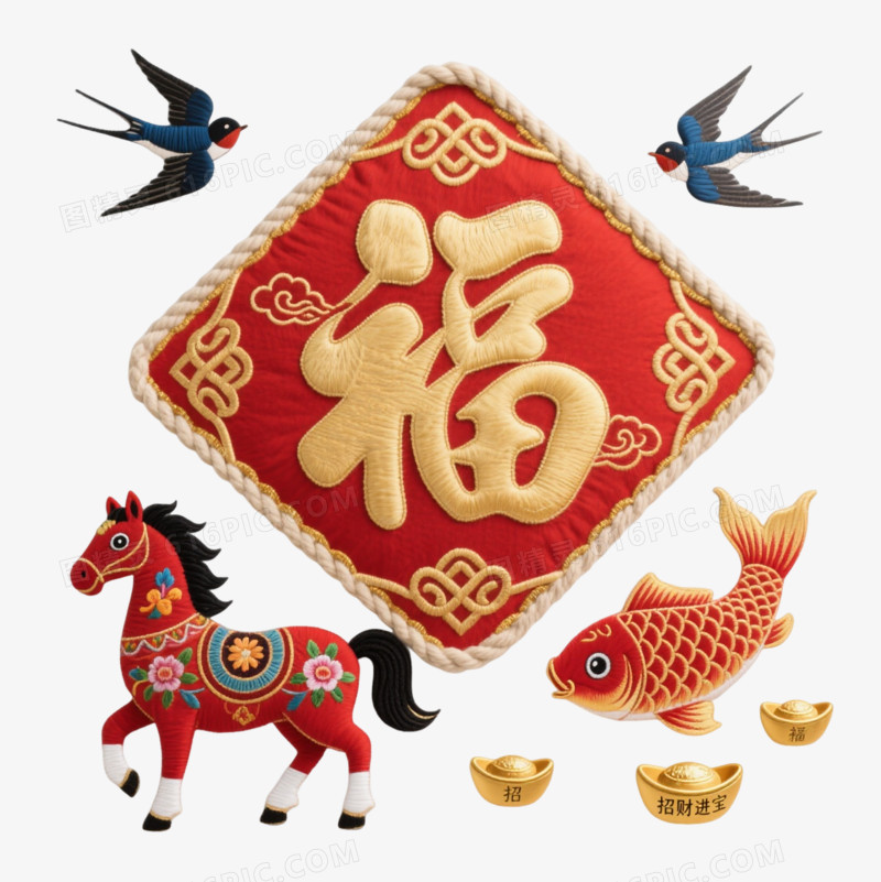 福字绣花环绕燕鱼金元宝喜庆图