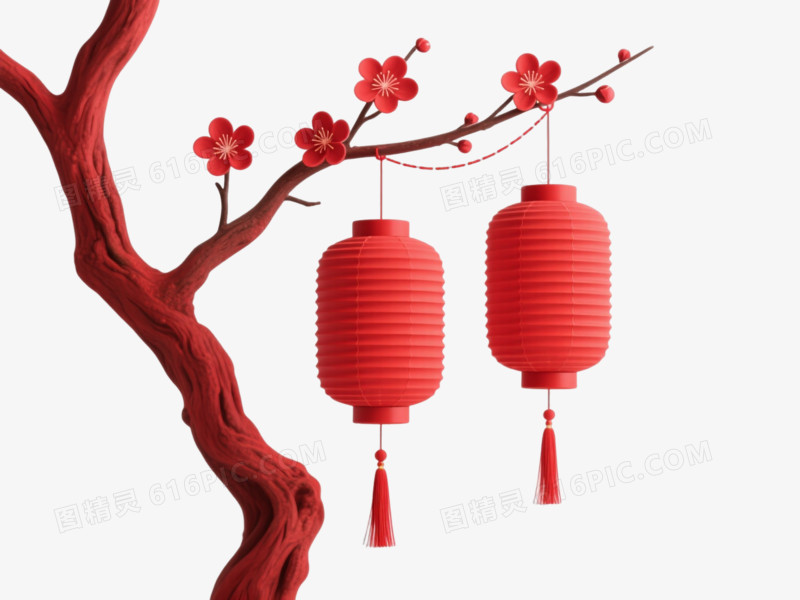 红梅枝头挂灯笼迎新春