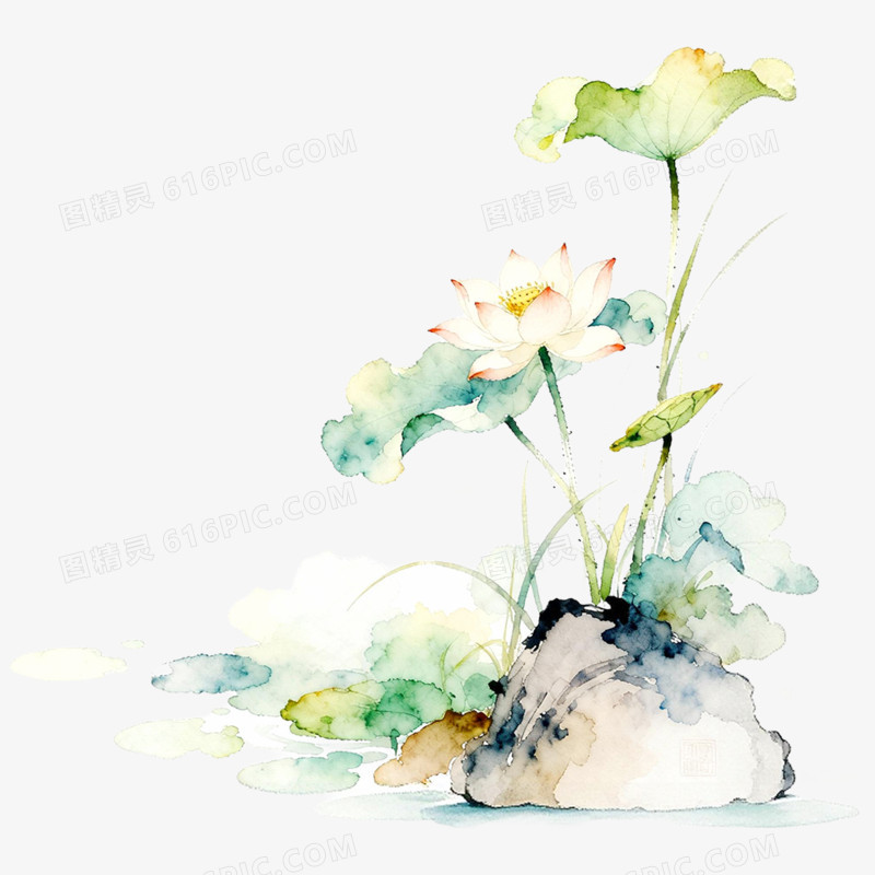 手绘插画古诗词配图荷花免抠元素